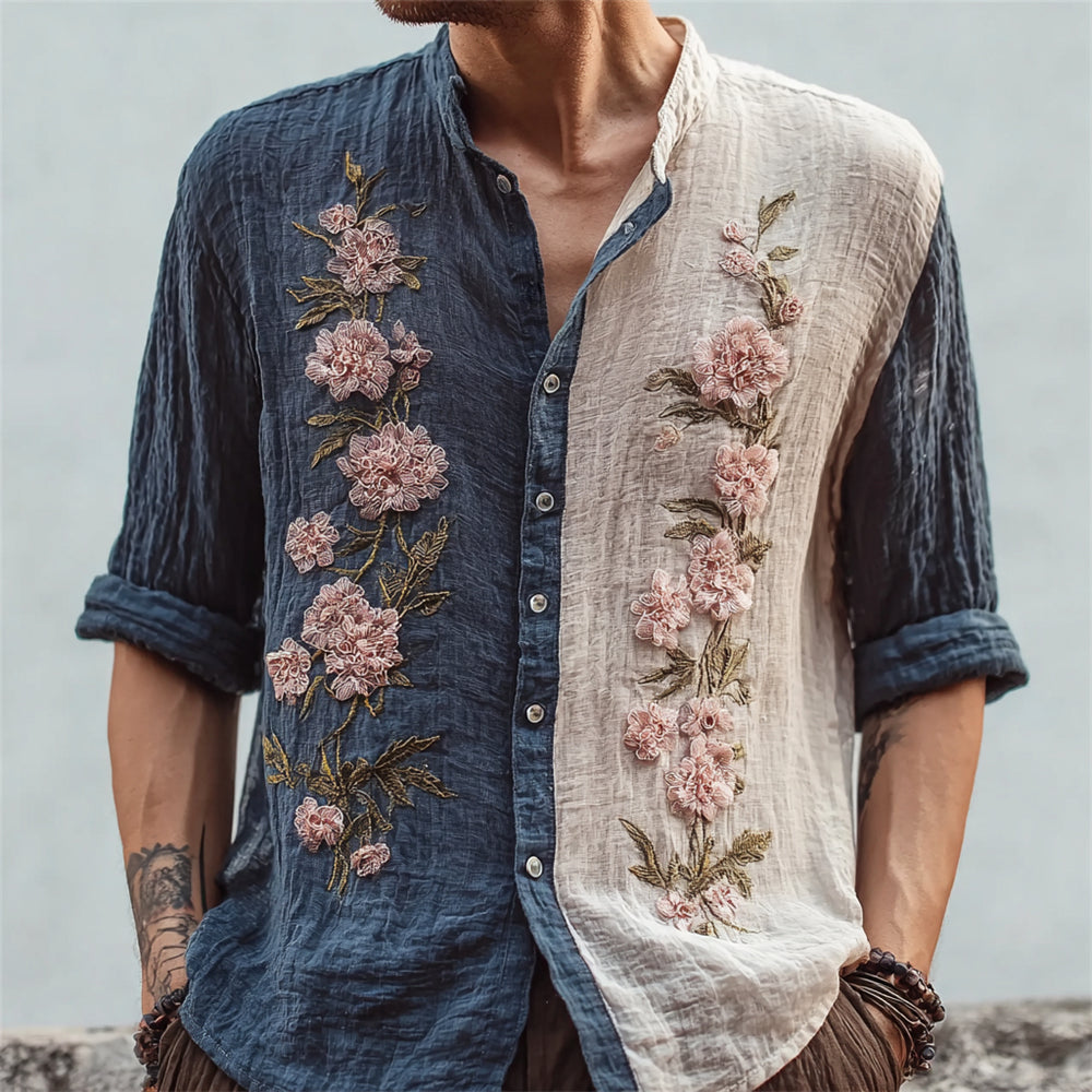 Vintage Boho Floral Art Color Clash Men's Linen Long Sleeve Shirt elevenforest
