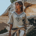Vintage Greek Key Motif  V Neck Linen Blend T-shirt elevenforest