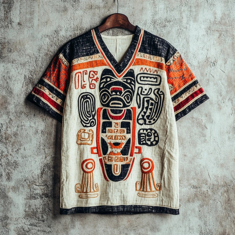 Ancient Mayan Totem Inspired V Neck Linen Shirt elevenforest