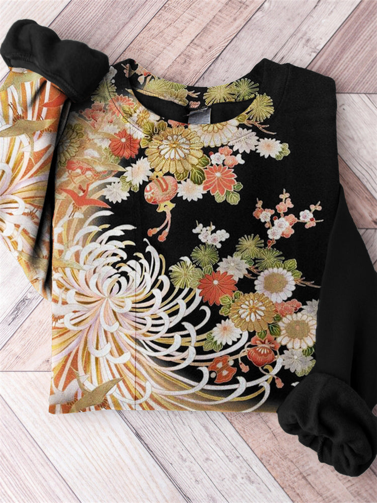 Japanese Floral Chrysanthemum Contrast Art Comfy Sweatshirt elevenforest