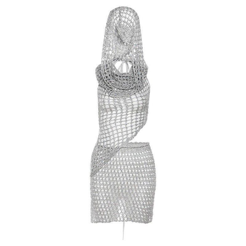 Summer Clothing Cutout Knitted Sequined Top High Waist Hip Wrapped Skirt Set for