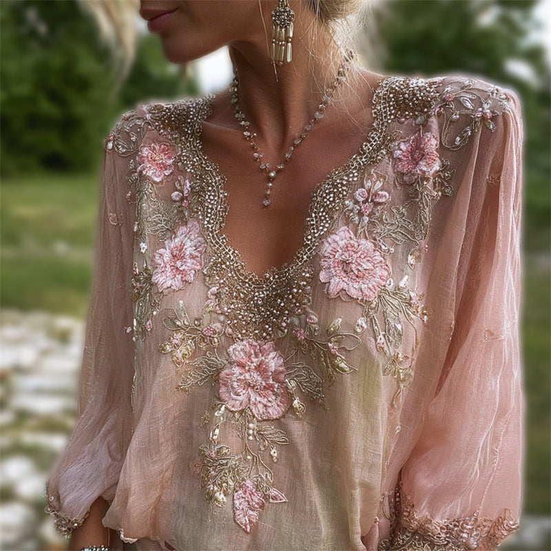 Boho Glitter Pink Flowers Embroidered Lace Flowy Tunic elevenforest