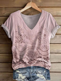 Women's Vintage Floral Texture Art Print V-neck Casual T-Shirt