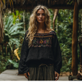 Retro Boho Tribal Art Embroidery Print Cotton And Linen Blend Loose Blouse elevenforest