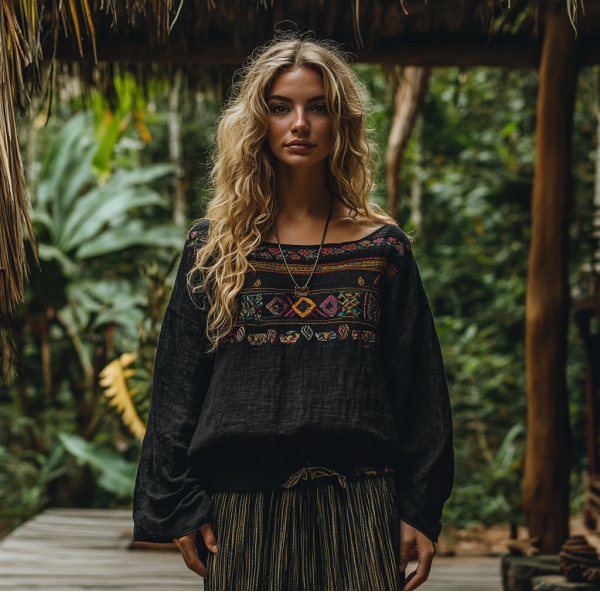 Retro Boho Tribal Art Embroidery Print Cotton And Linen Blend Loose Blouse elevenforest