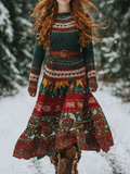 Comstylish Retro Christmas Series Women's Round Neck Knitted Sweater Dress Long Dress