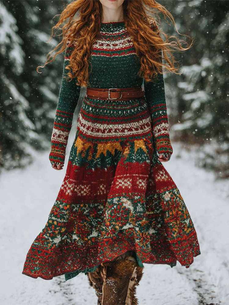 Comstylish Retro Christmas Series Women's Round Neck Knitted Sweater Dress Long Dress