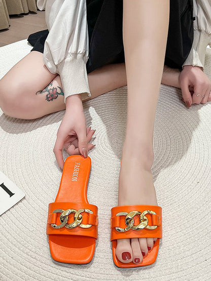 Chains Open Toe Split-joint Square-toe Slippers
