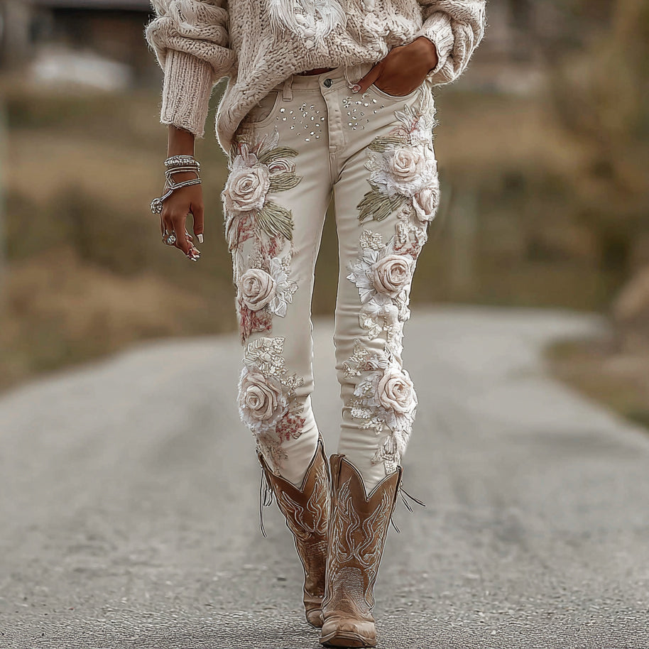 Women's Vintage Rose Floral Embroidery Art Jeans elevenforest