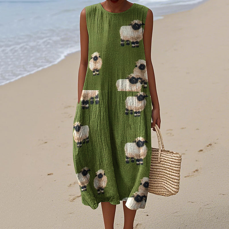 Women's Cute Baby Sheep Art Print Crew Neck Tank Midi Dress elevenforest