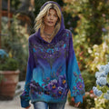 Women's Vintage Three-color Pansy Floral Gradient Pattern Knitted Hooded Sweater elevenforest