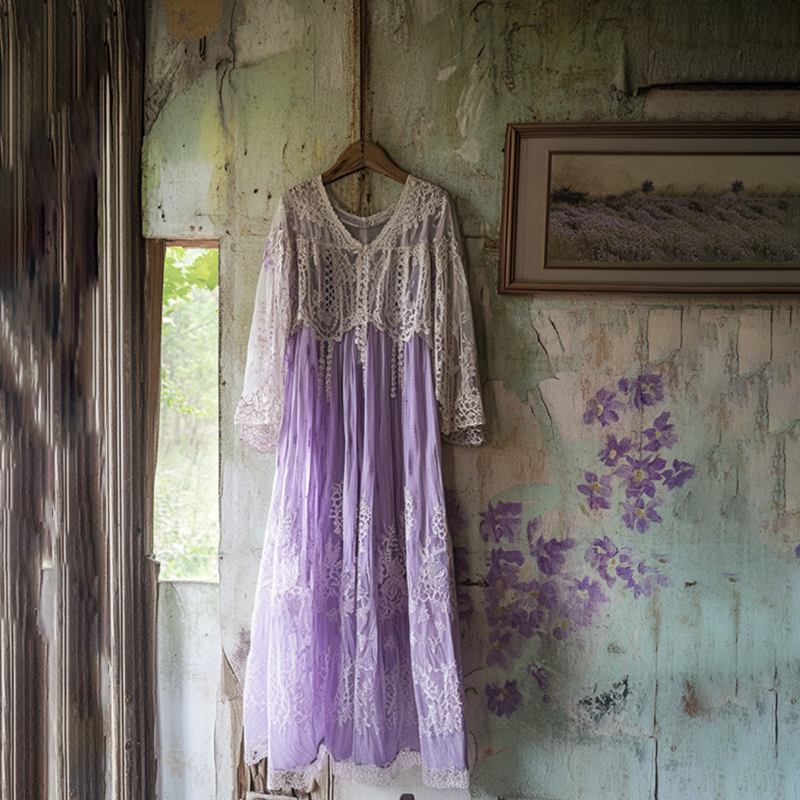 Vintage Lavender  Gradient Lace Art Linen V Neck Maxi Dress elevenforest