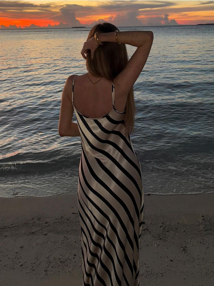 Tossy Zebra Printed Halter Dresses Female Sleeveless Slim Loose Printed Striped Long Dress ’s Backless Maxi Dress