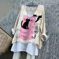 Women's Line Cat Art Cotton And Linen Long Sleeve T-shirt elevenforest