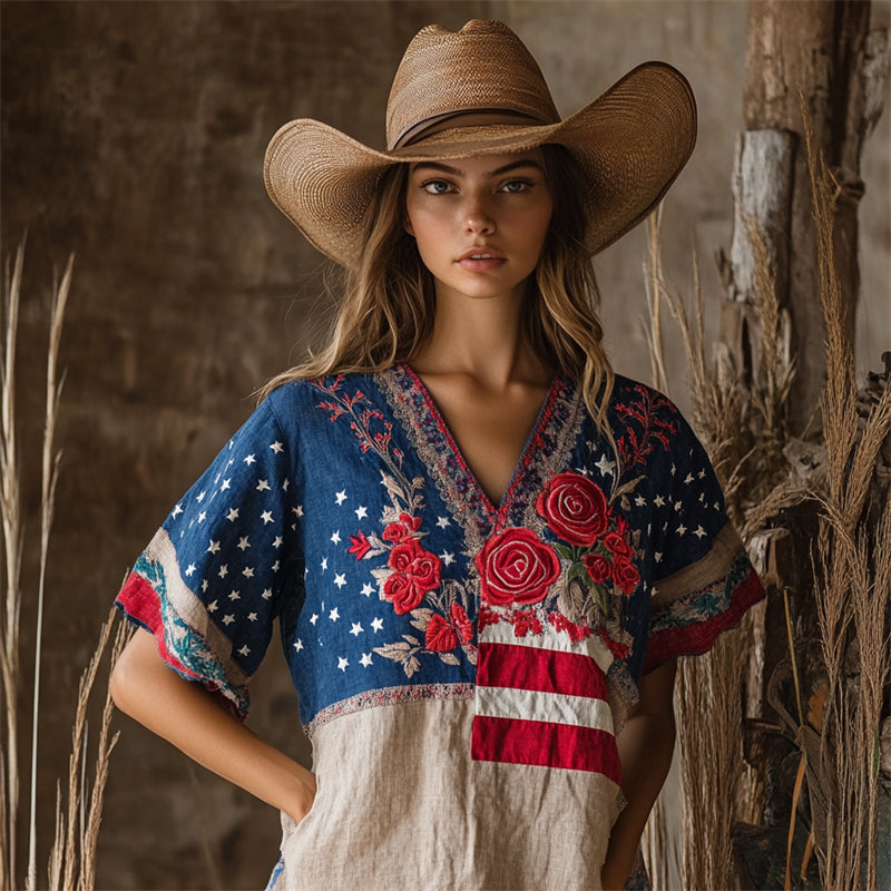 Vintage Roses Embroidered American Flag Patchwork Linen Shirt elevenforest