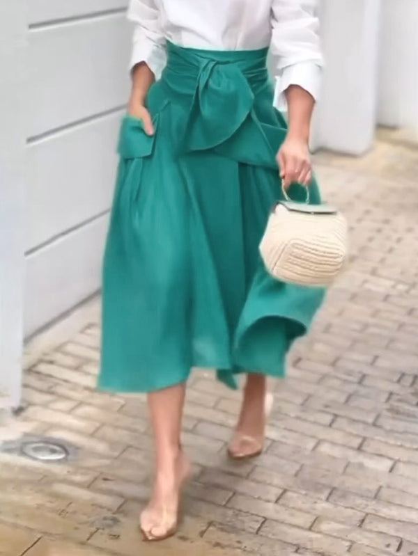 A-line Loose Pockets Color Split-joint Tied Waist Skirts Bottoms