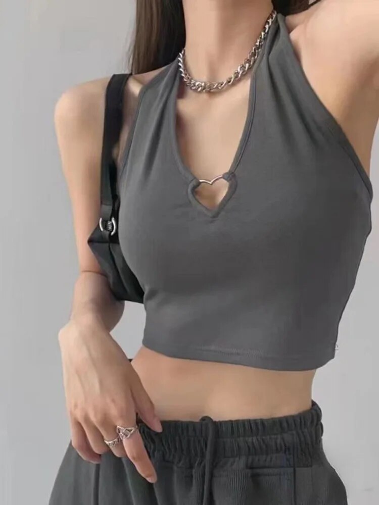 Sweet Tanks Top Femme T Shirt Cami Top Clothing Halter Tees Korean Clothing Heart-shape Knitted
