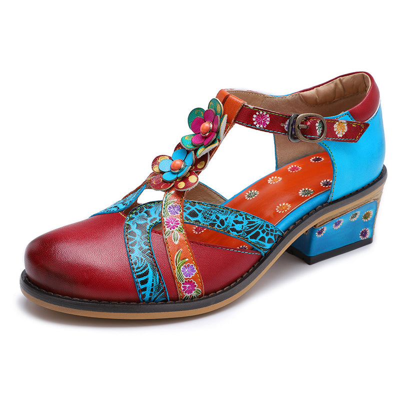 Soffia | Genuine Leather Cut Out T-strap Dora Sandals Oxford Shoes