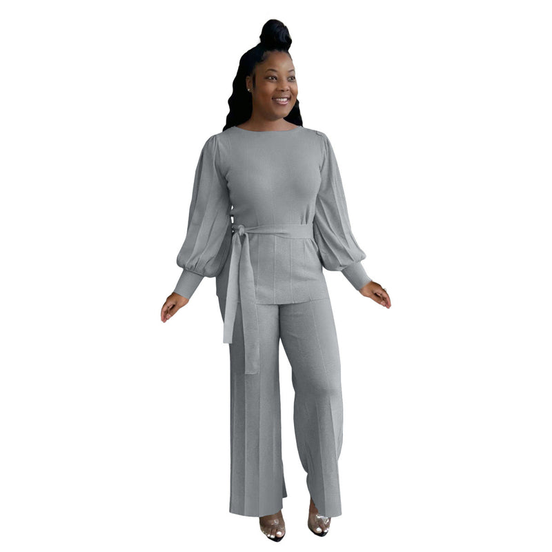 Urban Color Loose Lantern Sleeve Wide Leg Pants Set – Street Style Outfit