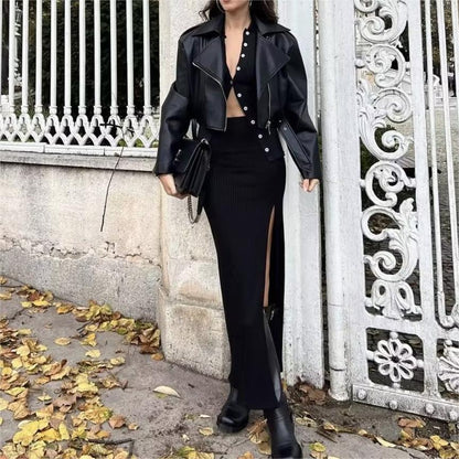 Spring Long Sleeve Collared Single Breasted Knitted Cardigan Slit Sheath Skirt Set