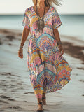 Women's Art Painting Hippie Vintage Print V-Neck Dress