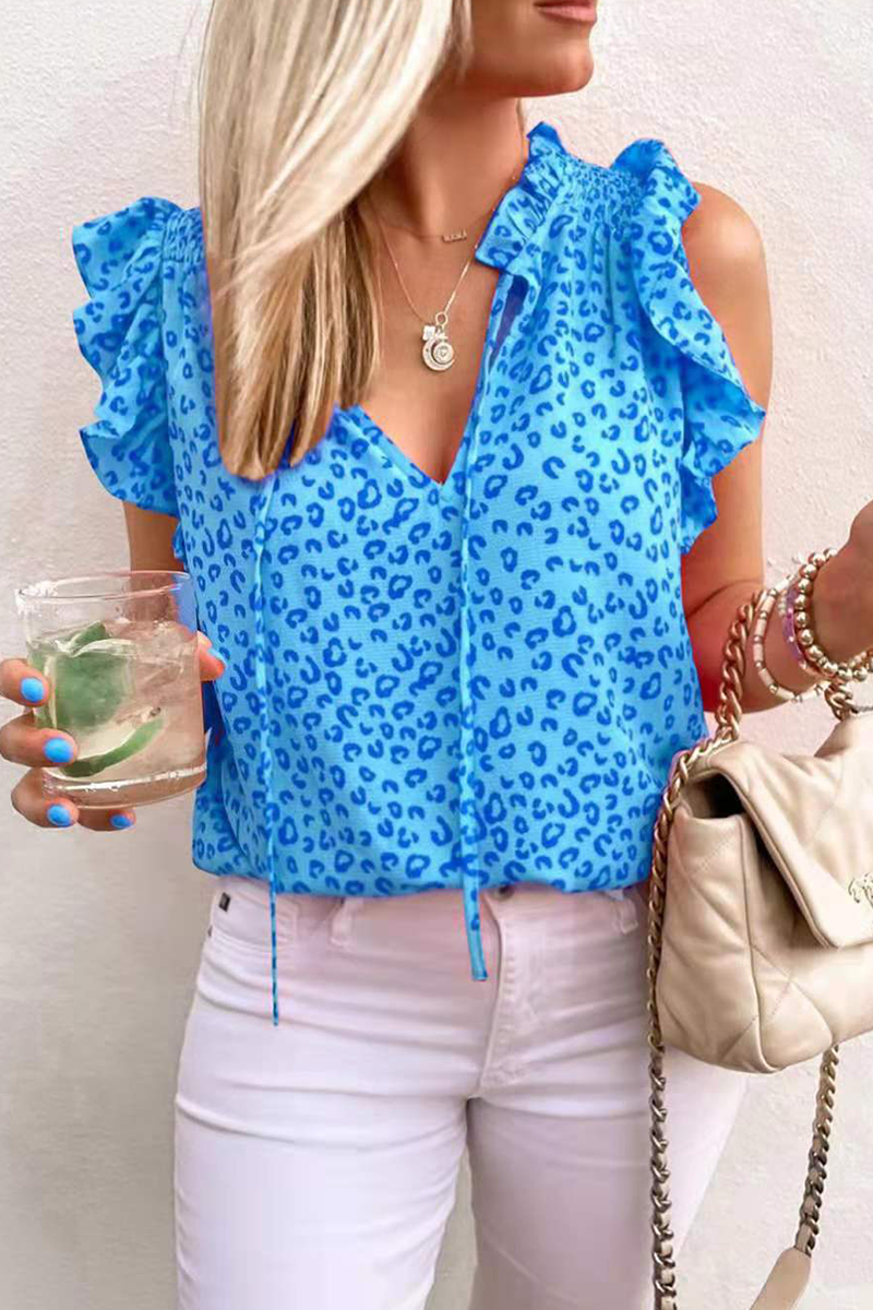 Leopard Flounce V Neck T-shirts(3 Colors)