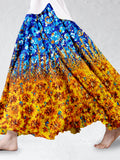 Ukrainian Flowers Oil Painting Flowy Linen Blend Wide Skirt elevenforest