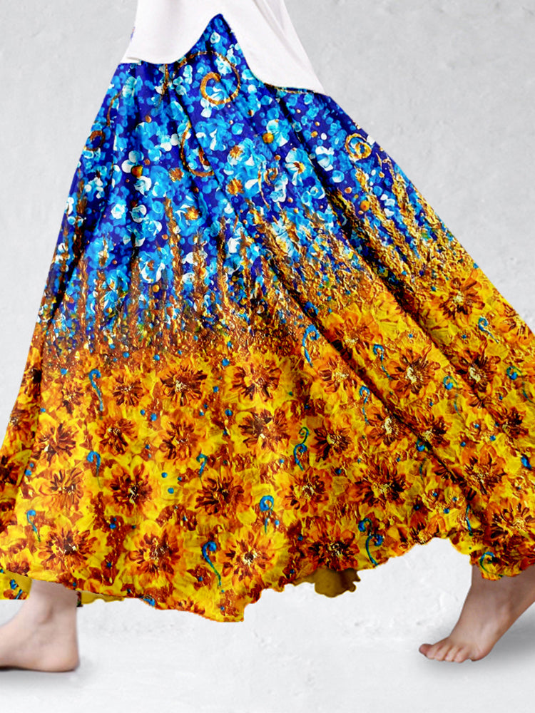 Ukrainian Flowers Oil Painting Flowy Linen Blend Wide Skirt elevenforest