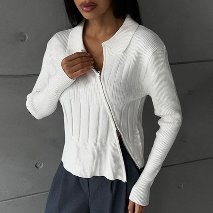 Taruxy White Knitted Cardigan Ribbing Turn Collar Zipper Slim Sweater Femme Autumn Winter Knitwear Cardigans Woman