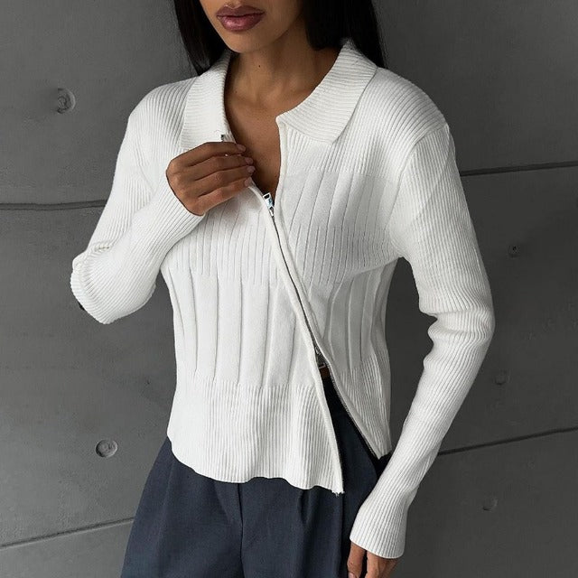 Taruxy White Knitted Cardigan Ribbing Turn Collar Zipper Slim Sweater Femme Autumn Winter Knitwear Cardigans Woman