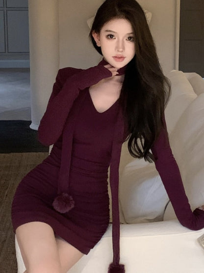 Mini Dress Autumn Spring V-neck Halter Long Sleeve Wrap Hip Slim Korean Style Y2k Simple Vestidos Mujer