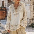 Women's Vintage Floral Lace Embroidered Art V Neck Long Sleeve Loose Blouses elevenforest