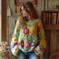 Women's Bohemian Chunky Knit Crochet Floral Colorful Sweater elevenforest