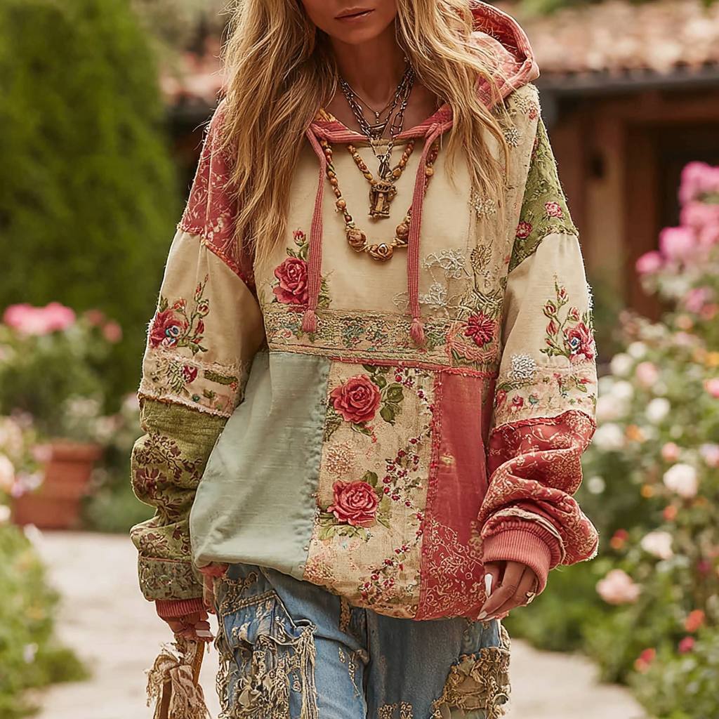 Vintage Floral Patchwork Art Linen Long Sleeve Hoodie elevenforest