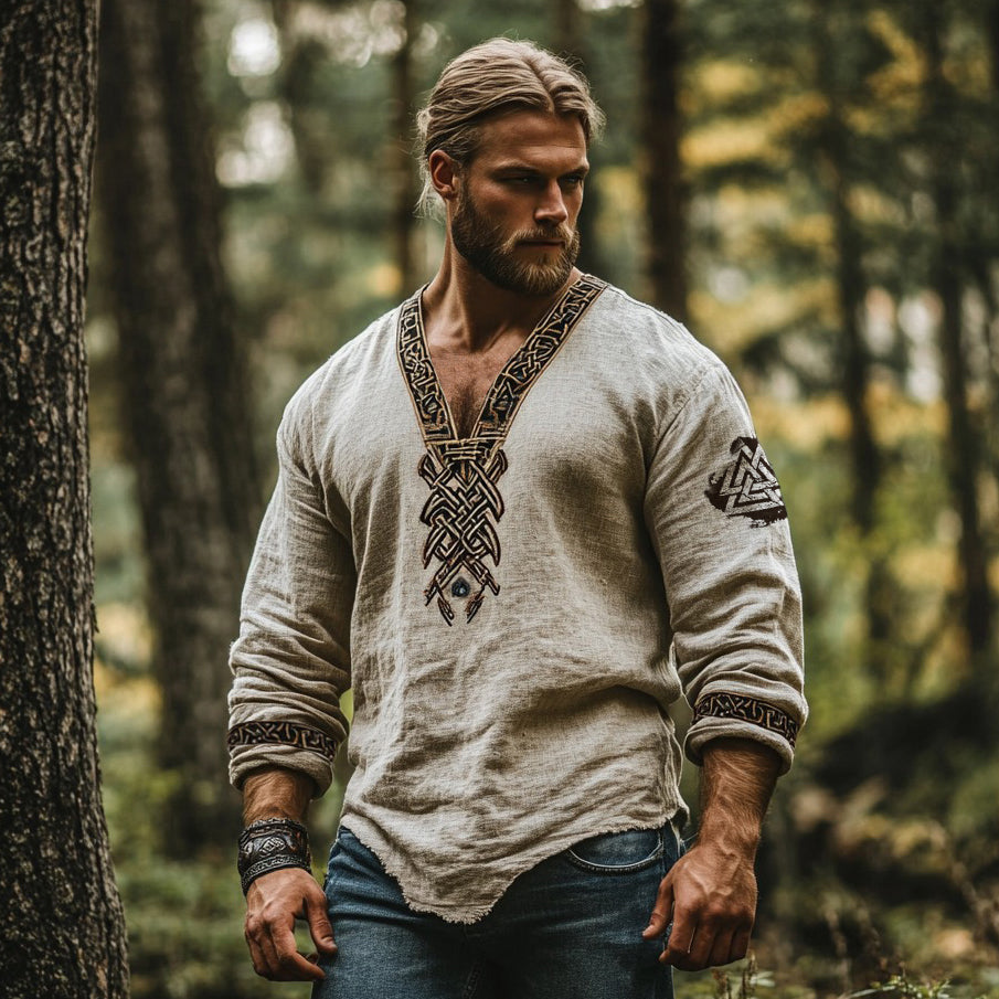 Vintage Viking Runes Celtic Mythology Linen Blend Loose V-neck Shirt elevenforest
