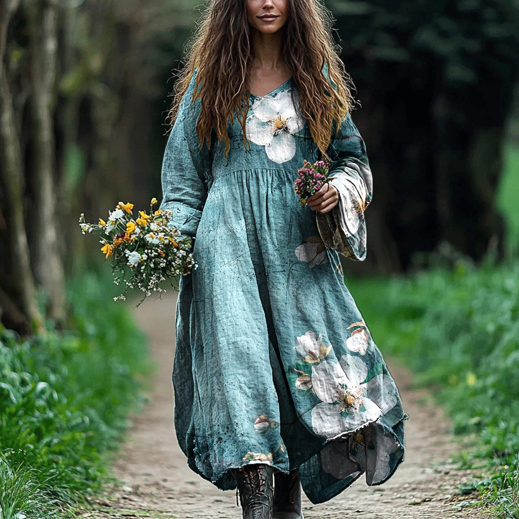 Women's Vintage Bohemian Floral Patch Cotton And Linen Dress elevenforest