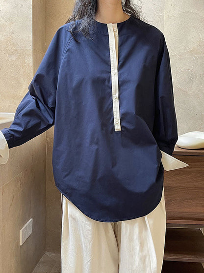 Urban Long Sleeves Loose Contrast Color Round-neck Blouses&shirts Tops