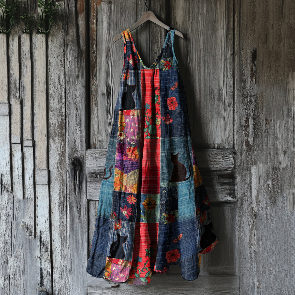 Women's Vintage Cat Floral Patchwork Art Linen Tank Dress
