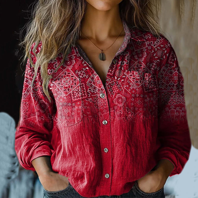 Women's Vintage Paisley Gradient Print Casual Shirt elevenforest