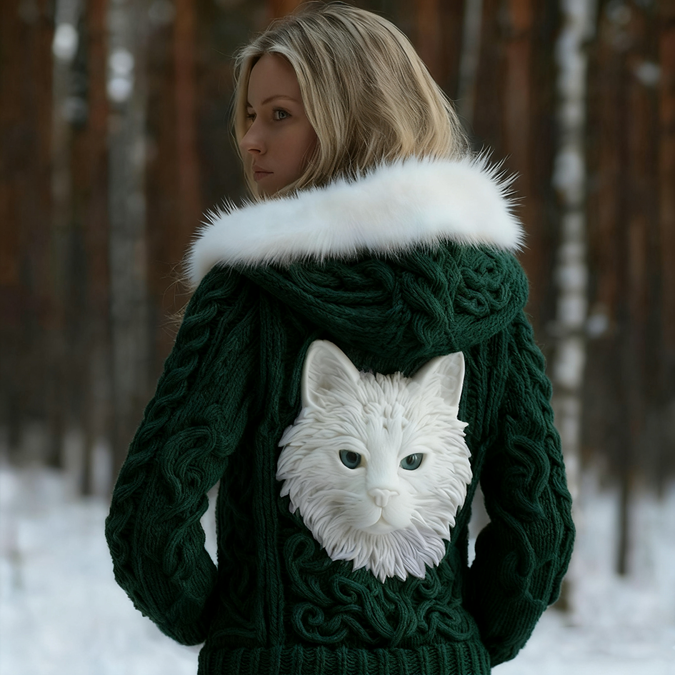 Comstylish Viking Retro Cat Design Women's Hooded Knit Sweater Jacket