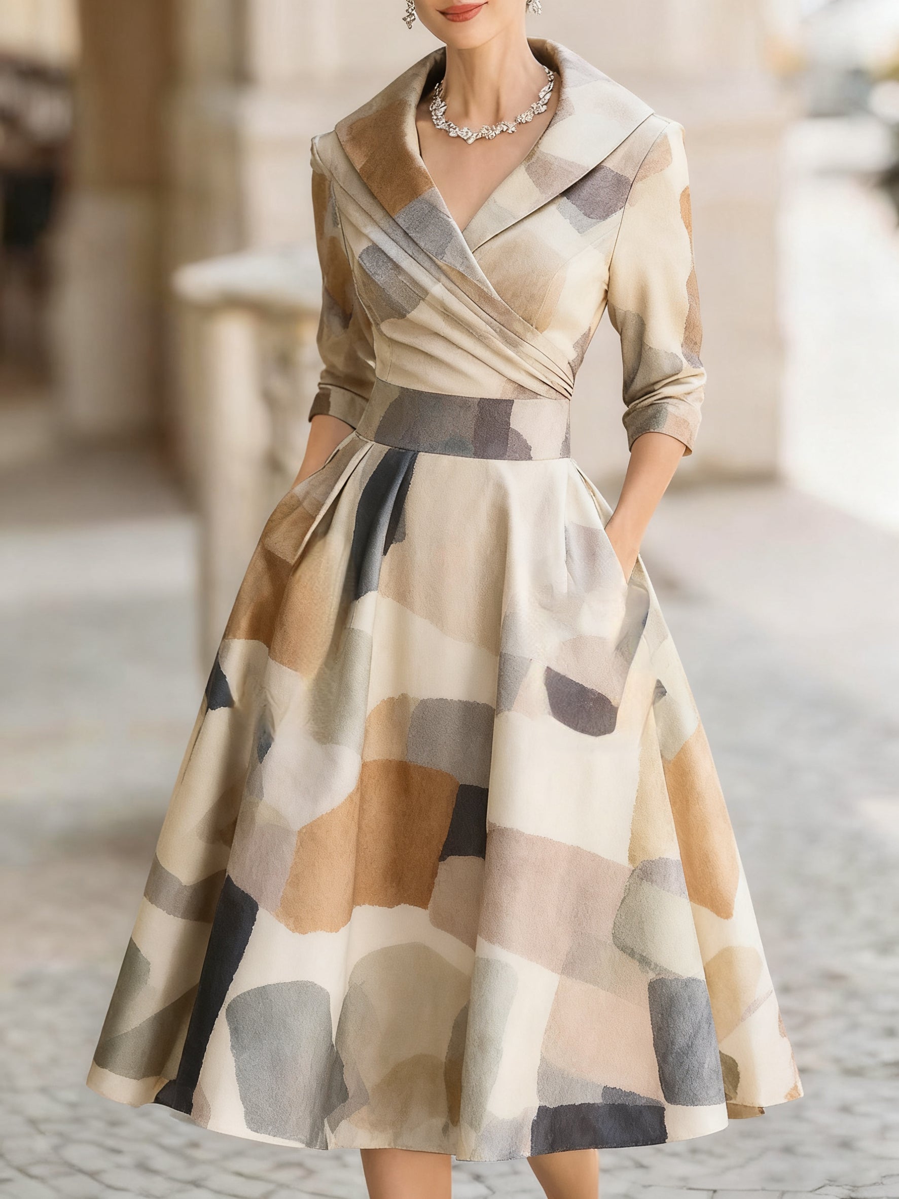Women's vintage patterned jacquard floral mid-length dress