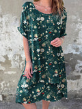 Women's Summer Vintage Floral Art Casual Round Neck Cotton Dress