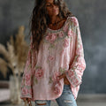 Women's Vintage Floral Embroidered Art Print Flowy Linen Blend Casual Tops elevenforest