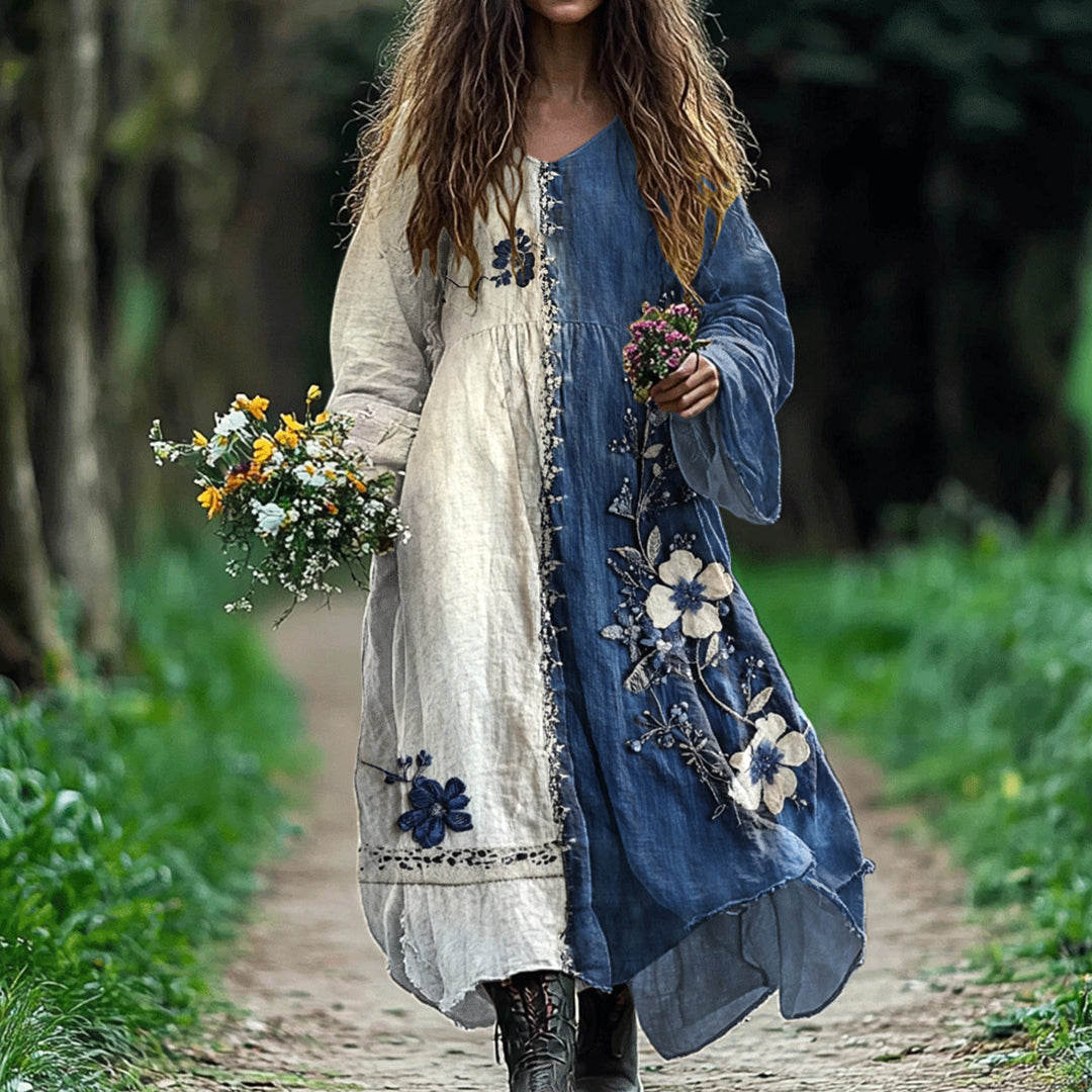 Women's Retro Plum Blossom Art Splicing Cotton And Linen Dress elevenforest