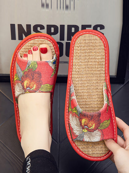 Summer Couple Linen Flower Print Indoor Flat Slippers Cc008