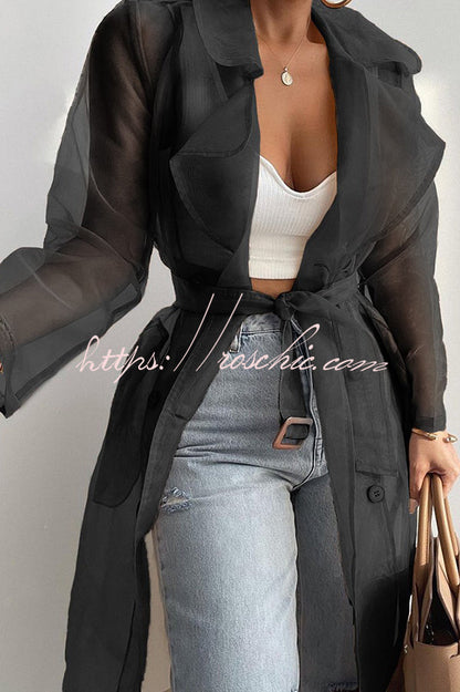 Color Patchwork Button Belt Pocket Long Sleeve Coat