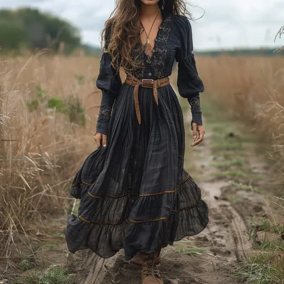 Vintage V-Neck Linen Women's Long-Sleeved Country Concert Dress elevenforest