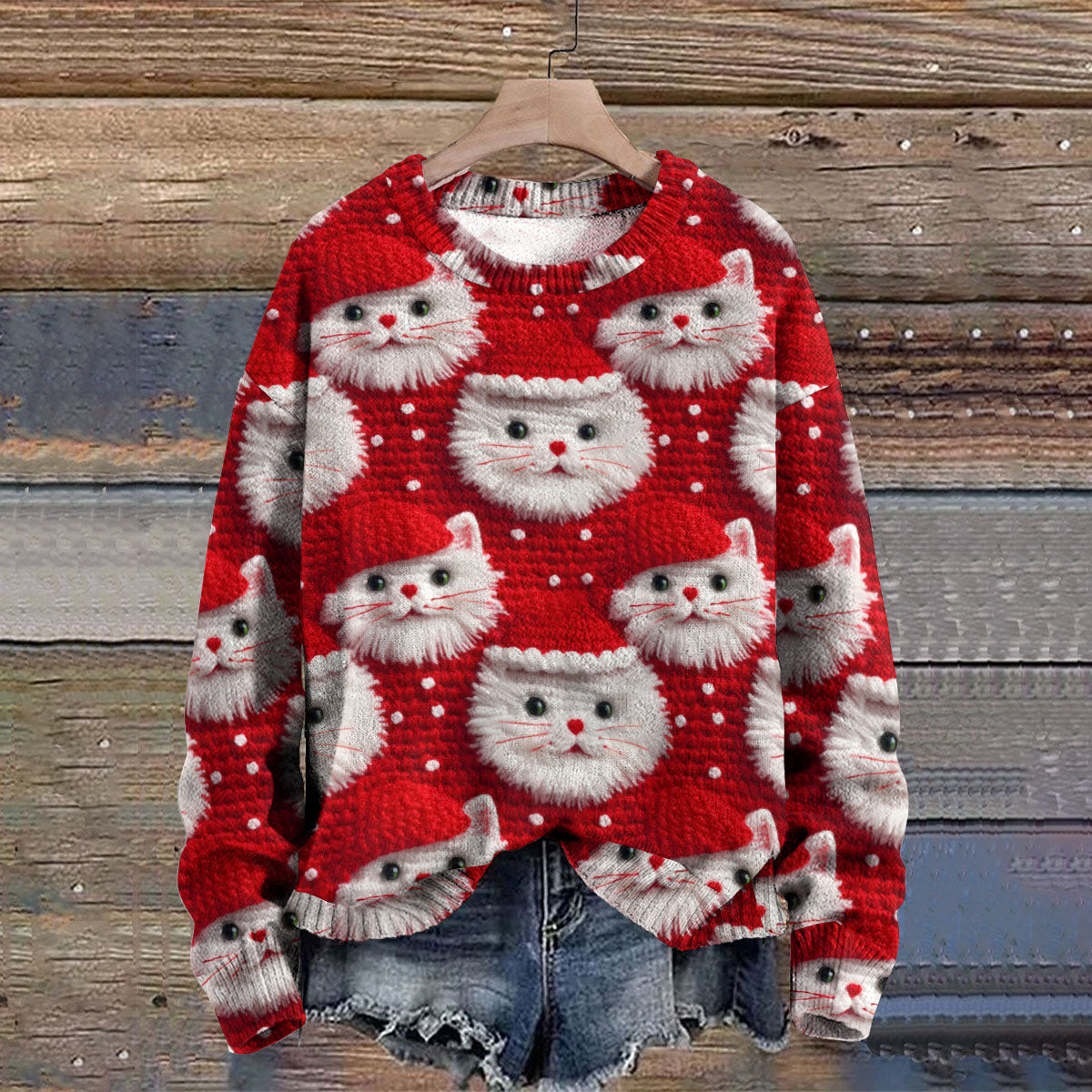 Christmas Cat Print Knitted Pullover Sweater elevenforest
