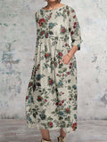 Women's Classic Floral Pattern Round Neck Cotton and Linen Top with Pockets