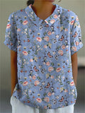Spring Butterfly And Floral Pattern Printed Women's Casual Cotton And Linen Shirt